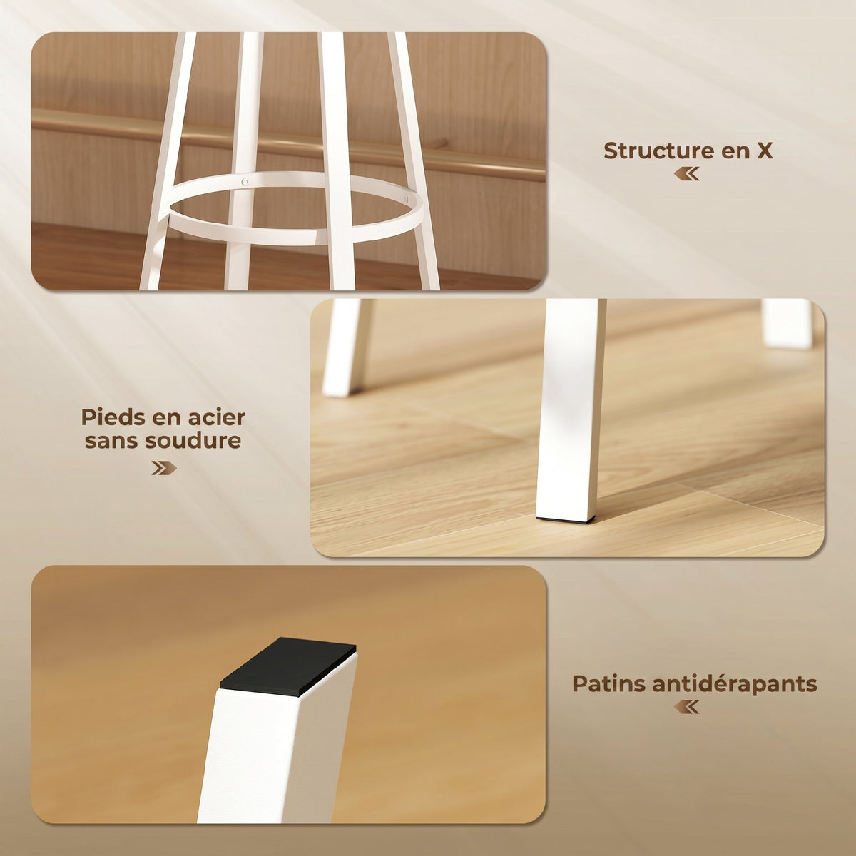 Lot de 2 tabourets de bar, chaises de bar, assise rembourrée 75,5H cm, dossier et repose-pieds, bois naturel et blanc