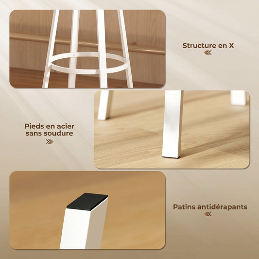 Lot de 2 tabourets de bar, chaises de bar, assise rembourrée 75,5H cm, dossier et repose-pieds, bois naturel et blanc