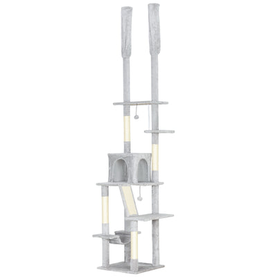 Arbre à chat du sol au plafond griffoir pour chat hauteur réglable 225-255 cm 6 niveaux avec niche hamac gris clair