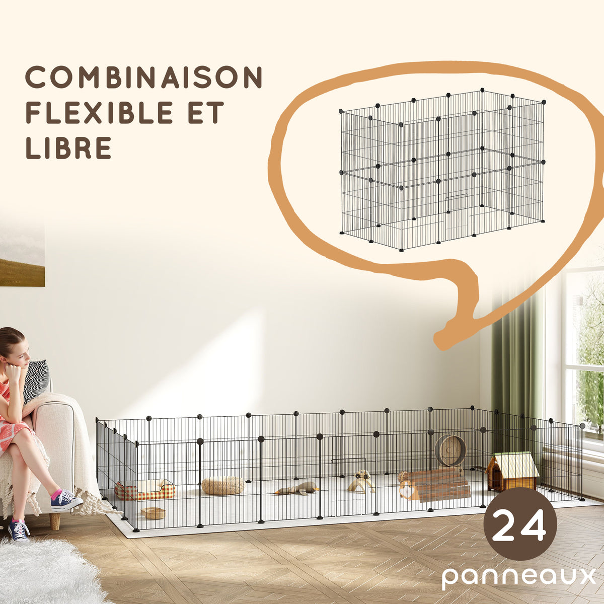 Enclos pour animaux parc pour petits animaux modulable 24 panneaux pour lapins grillagés en acier 120 x 60 x 80 cm noir