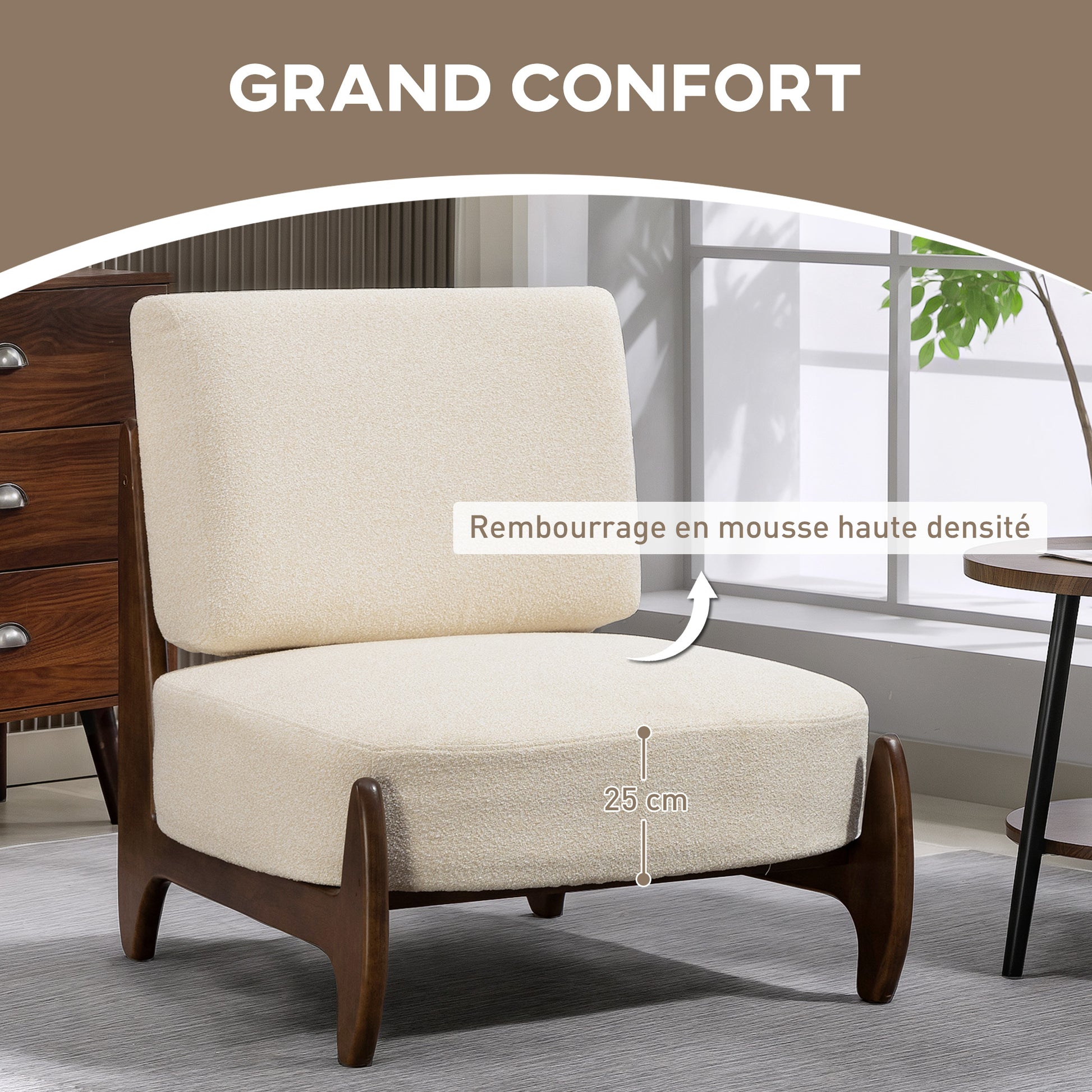 Fauteuil salon en chenille, fauteuil chambre confortable, coussin épais, assise rembourrée, 72 x 73,5 x 81 cm, crème