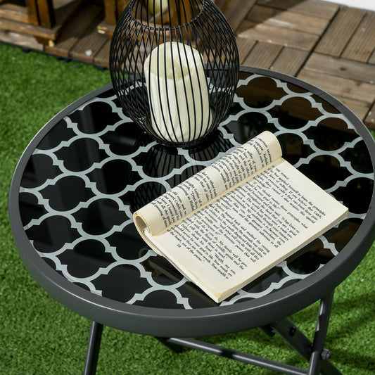 Table basse pliante table d'appoint pliante plateau en verre trempé motifs noirs et blancs en métal Ø 45 x 50 cm noir