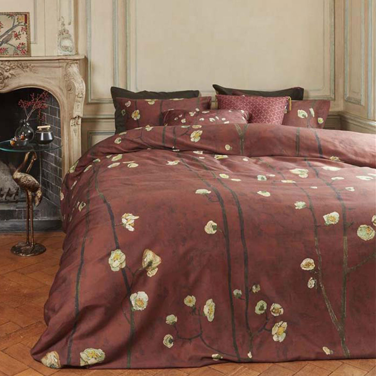 NNEDSZ Bedding House Van Gogh Plum Blossoms Red Cotton Sateen Quilt Cover Set Queen