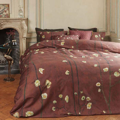 NNEDSZ Bedding House Van Gogh Plum Blossoms Red Cotton Sateen Quilt Cover Set Queen