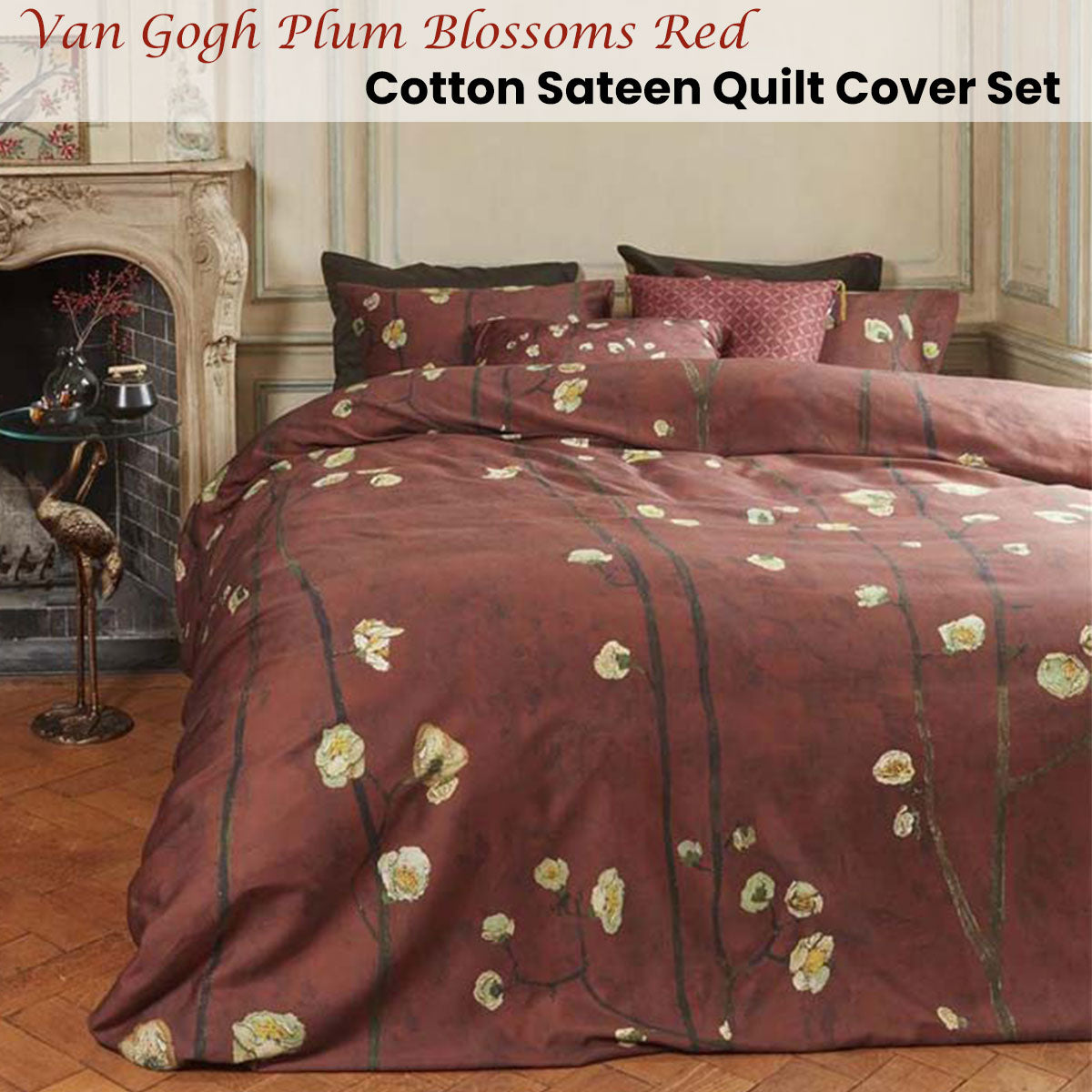 NNEDSZ Bedding House Van Gogh Plum Blossoms Red Cotton Sateen Quilt Cover Set Queen