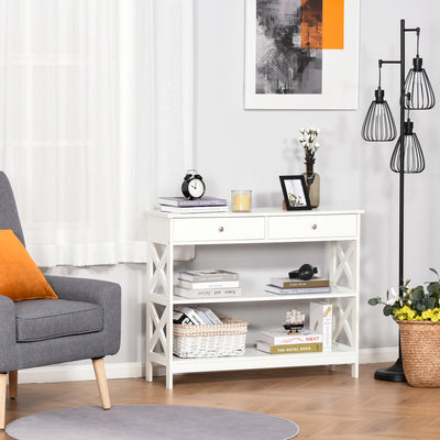 Table de console table d'entrée style table de drapier néo-rétro 2 tiroirs 2 étagères dim. 100L x 30,5l x 80H cm en bois blanc