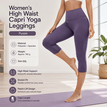 Purple XXL Size Women's High Waist 3/4 Yoga Leggings - Peach Hip Lift Design, Breathable Stretch Fabric for Gym Running and Daily Wear