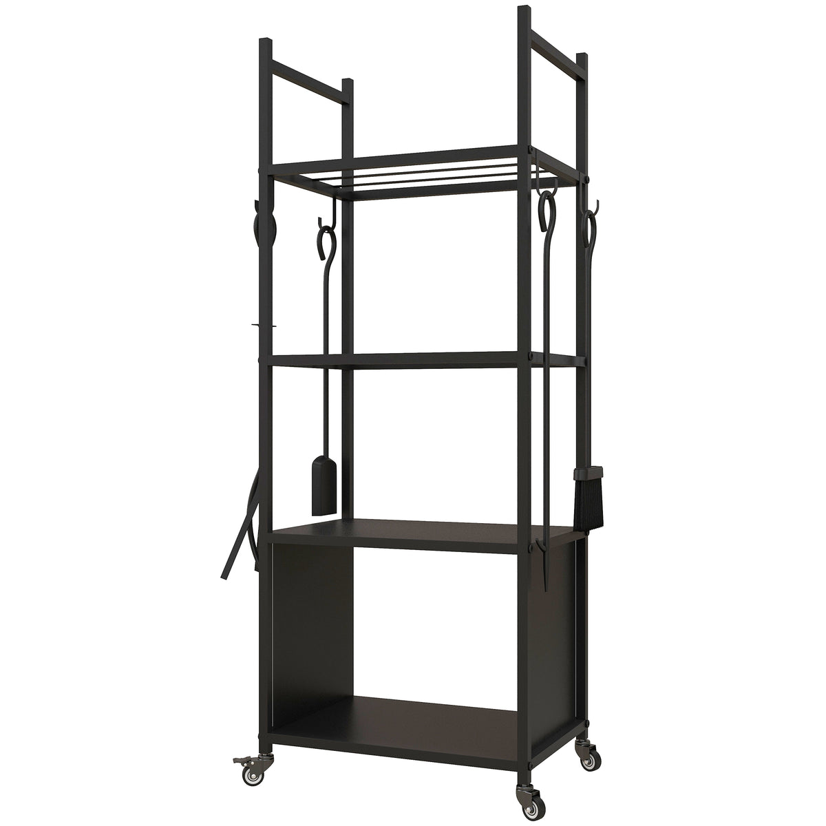 Chariot range bûches intérieur, porte-bûches roulettes, 4 outils de cheminée, 4 étagères
