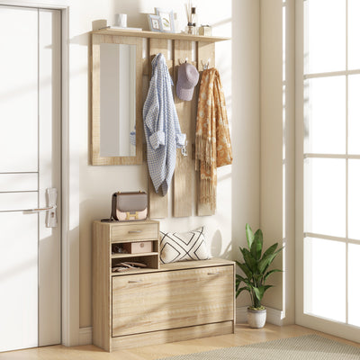 Meuble d'entrée vestiaire panneau porte-manteau, miroir et banc à chaussures - 6 crochets 90x10x91cm effet bois naturel