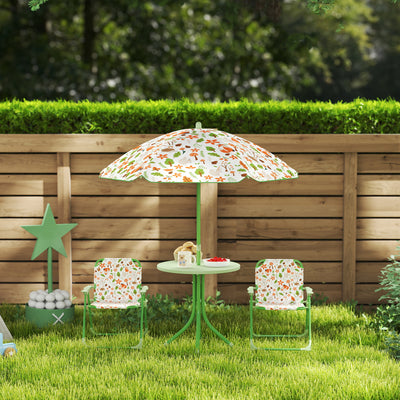 Ensemble salon de jardin extérieur enfant 4 pièces, motif éléphant et girafe, parasol réglable Ø 100 cm, chaise pliable