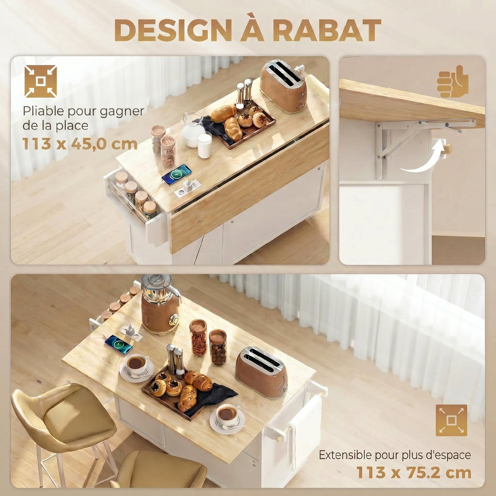 Îlot Central Cuisine avec Plateau Rabattable 2 Prises et 2 Ports USB Desserte de Cuisine sur Roulettes 3 Tiroirs Blanc