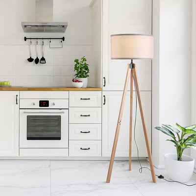 Lampadaire trépied style scandinave 40 W max. dim. 45L x 45l x 152H cm bois de pin lin beige