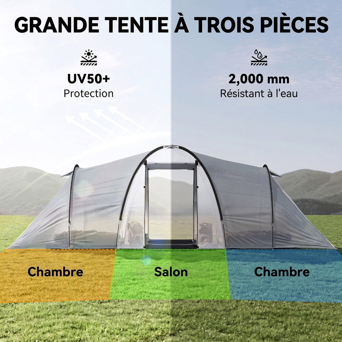 Tente de camping familiale 4 personnes dôme 2 chambres 1 séjour et 1 auvent anti-UV Imperméable 2000 mm multicolore