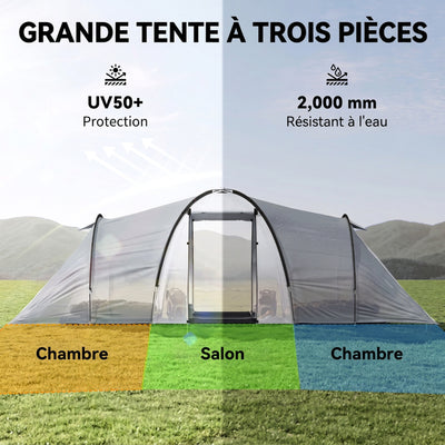 Tente de camping familiale 4 personnes dôme 2 chambres 1 séjour et 1 auvent anti-UV Imperméable 2000 mm multicolore
