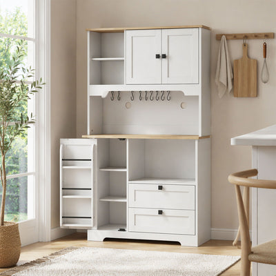 Buffet Haut Cuisine, Armoire Cuisine avec 3 Portes, 2 Tiroirs, Plan de Travail, Compartiments Ouverts, Blanc