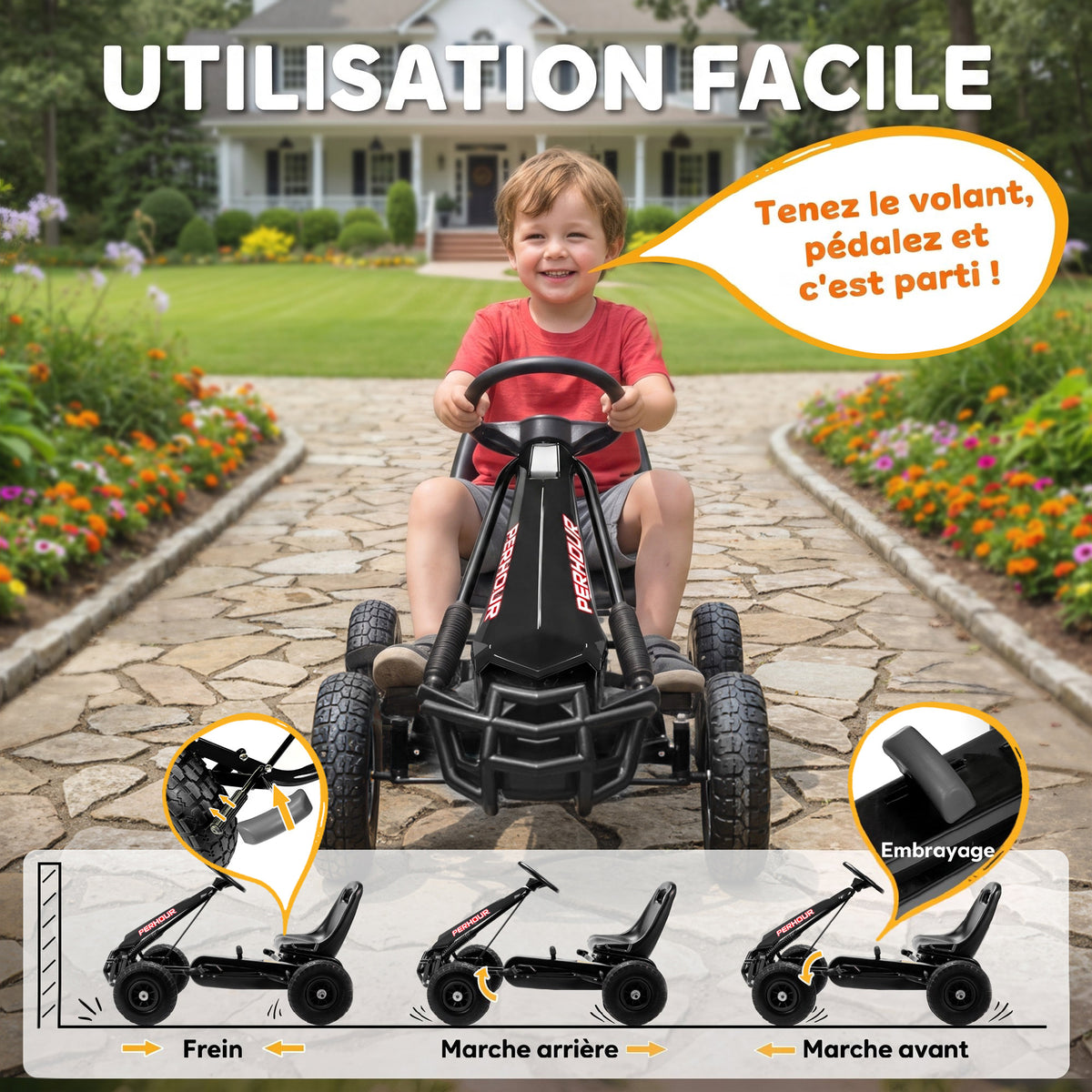 Kart à pédales Go-Kart pour enfants siège réglable pneus EVA embrayage manuel et frein 110 x 61 x 62 cm noir