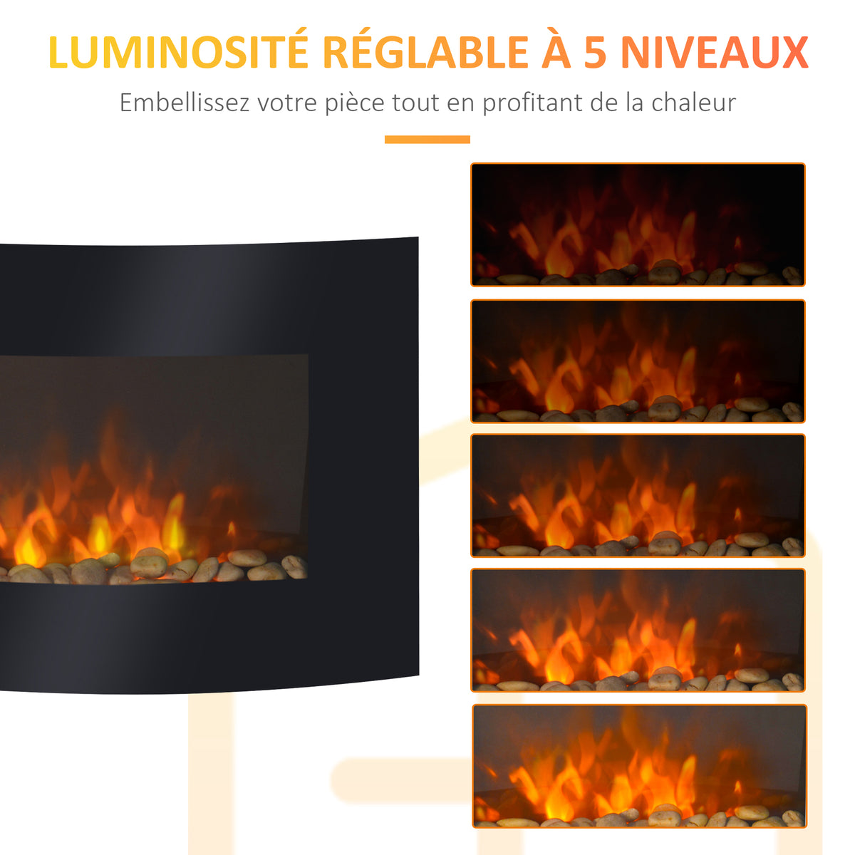Cheminée électrique Murale éclairages latéraux LED Design Avant-gardiste Affichage LED avec télécommande et minuterie 900/1800 W luminosité réglable Noir