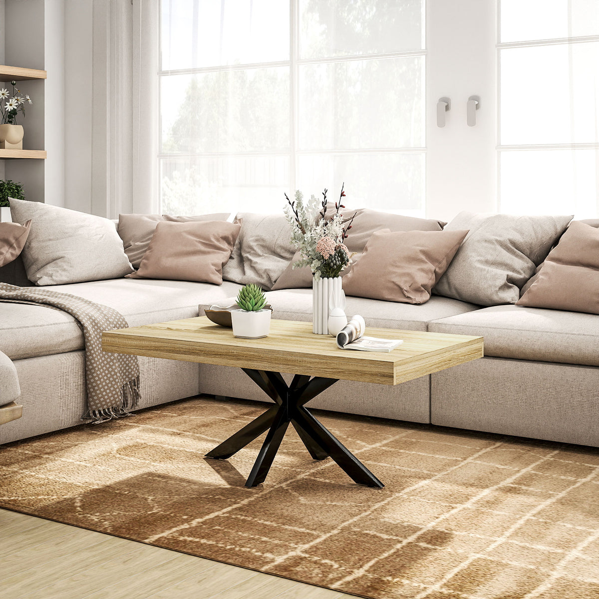 Table Basse rectangulaire table d'appoint Style Industriel en métal Noir et Plateau aspect Bois - dim. 110 x 60 x 45cm