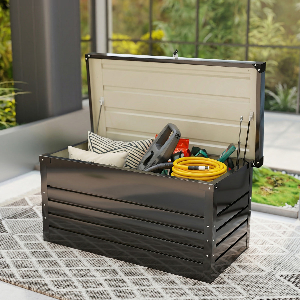 Coffre de rangement métal boîte de jardin 350L double vérins à gaz  verrouillable pour coussins outils gris anthracite