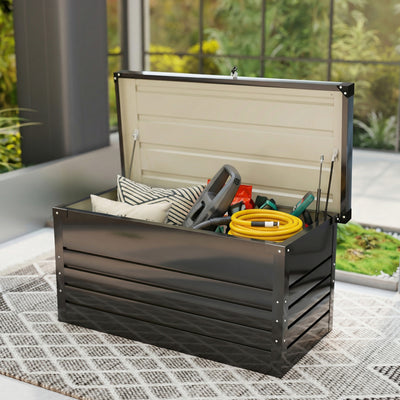 Coffre de rangement métal boîte de jardin 350L double vérins à gaz  verrouillable pour coussins outils gris anthracite