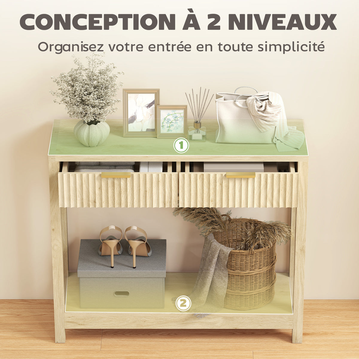 Console meuble 90 cm, table console étroite avec 2 tiroirs rainurés et étagère, style moderne, bois naturel