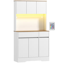 Buffet cuisine meuble cuisine rangement haut avec lumière LED RGB, plan de travail, 6 portes, 2 tiroirs, blanc