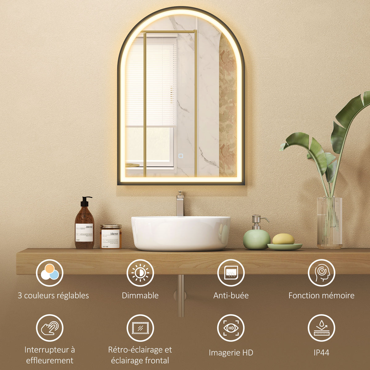 Miroir salle de bain avec éclairage 50 x 70 cm, miroir LED arqué, anti-buée, 3 couleurs lumière, dimmable, mémoire, noir