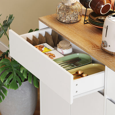 Buffet cuisine meuble cuisine rangement haut avec lumière LED RGB, plan de travail, 6 portes, 2 tiroirs, blanc