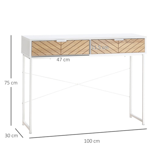 Table Console Industriel 2 tiroirs Aspect Bois de chêne sculpté Motif à Chevrons piètement métal Blanc