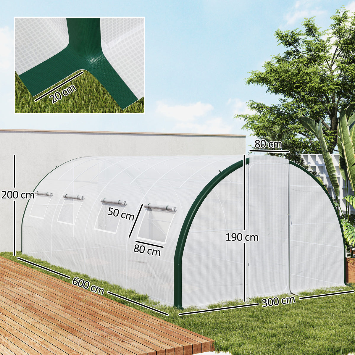 Serre tunnel de jardin 18m², serre de jardin tunnel avec portes et 8 fenêtres, bâche PE 140g/m² 600 x 300 x 200 cm blanc