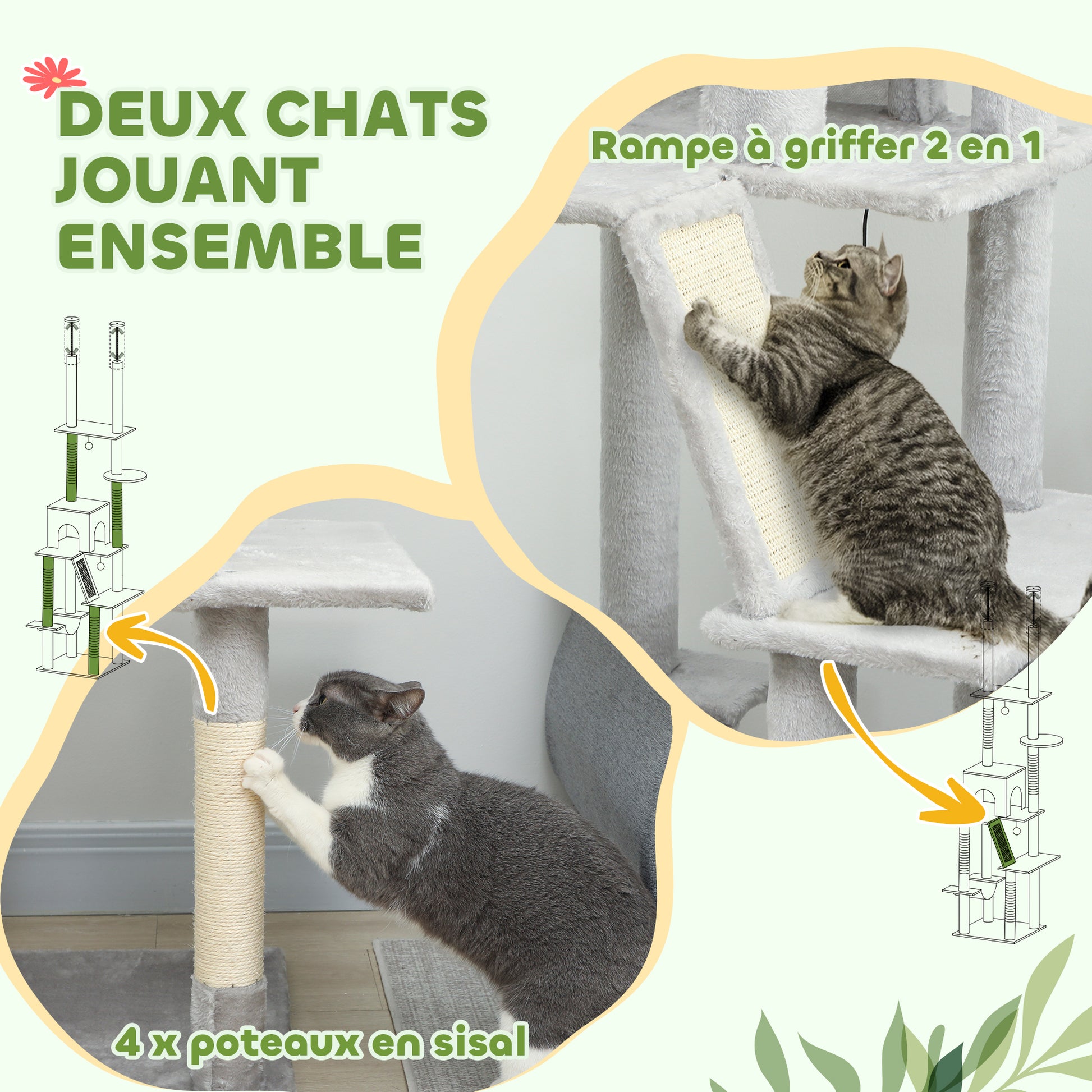Arbre à chat du sol au plafond griffoir pour chat hauteur réglable 225-255 cm 6 niveaux avec niche hamac gris clair