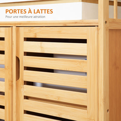 Buffet meuble de rangement 3 portes ajourées et étagères en bambou 100 x 35 x 82 cm naturel