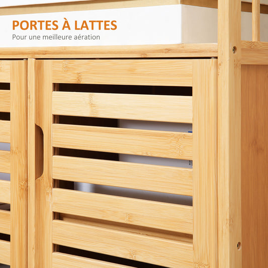 Buffet meuble de rangement 3 portes ajourées et étagères en bambou 100 x 35 x 82 cm naturel