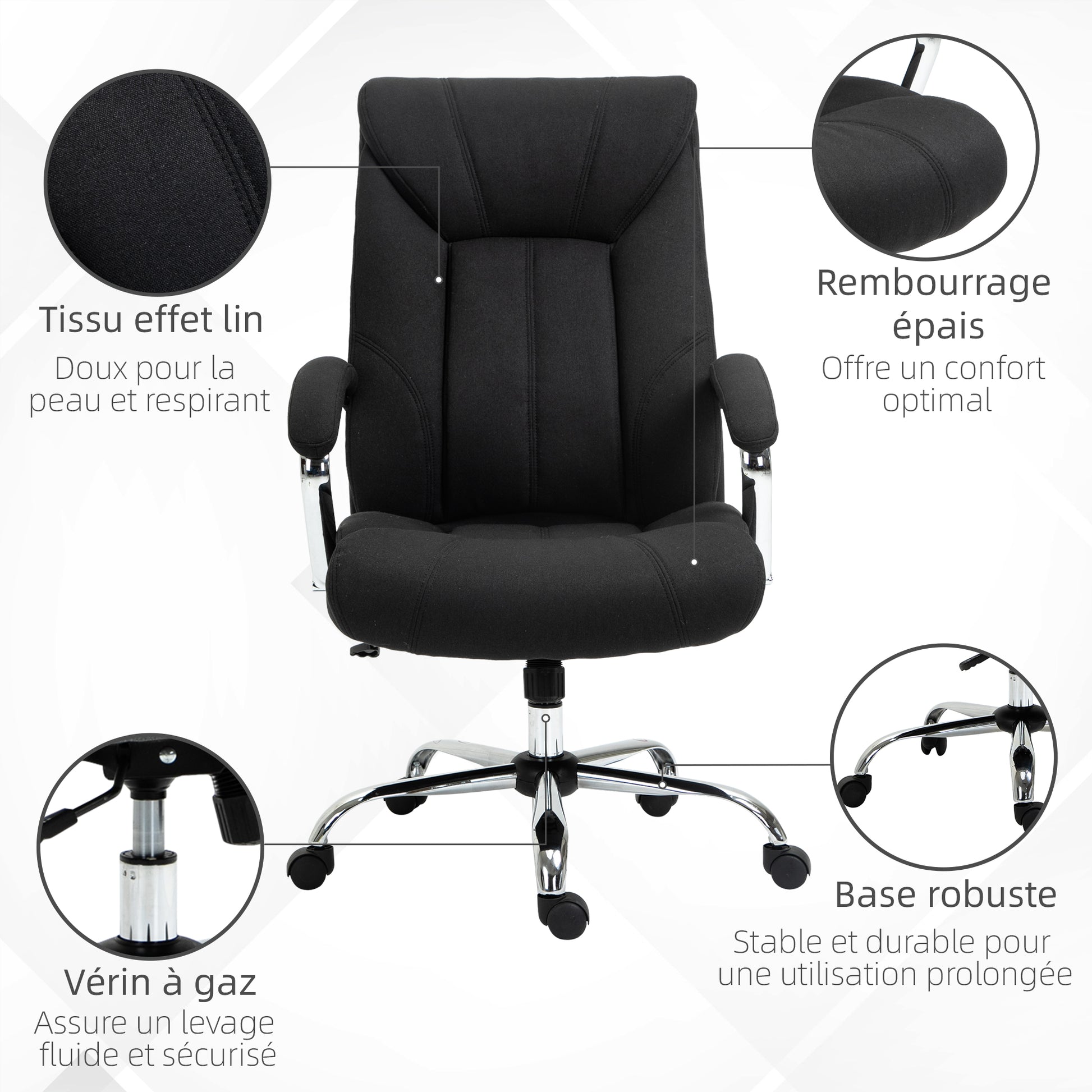Fauteuil de bureau, chaise de bureau ergonomique, hauteur réglable, dossier haut, fonction de bascule, 65x78x118cm, noir