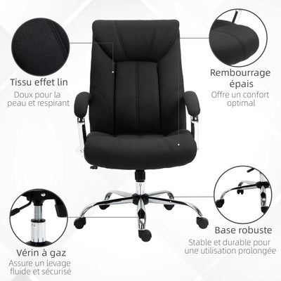 Fauteuil de bureau, chaise de bureau ergonomique, hauteur réglable, dossier haut, fonction de bascule, 65x78x118cm, noir