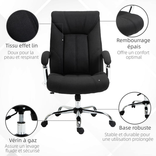 Fauteuil de bureau, chaise de bureau ergonomique, hauteur réglable, dossier haut, fonction de bascule, 65x78x118cm, noir