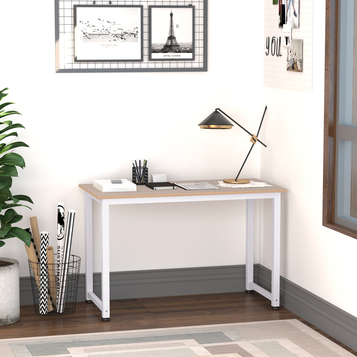 Table d'ordinateur table de salle à manger 120L x 60l x 76H cm chêne et Blanc Multifonction Grand Plateau Cadre Robuste en métal