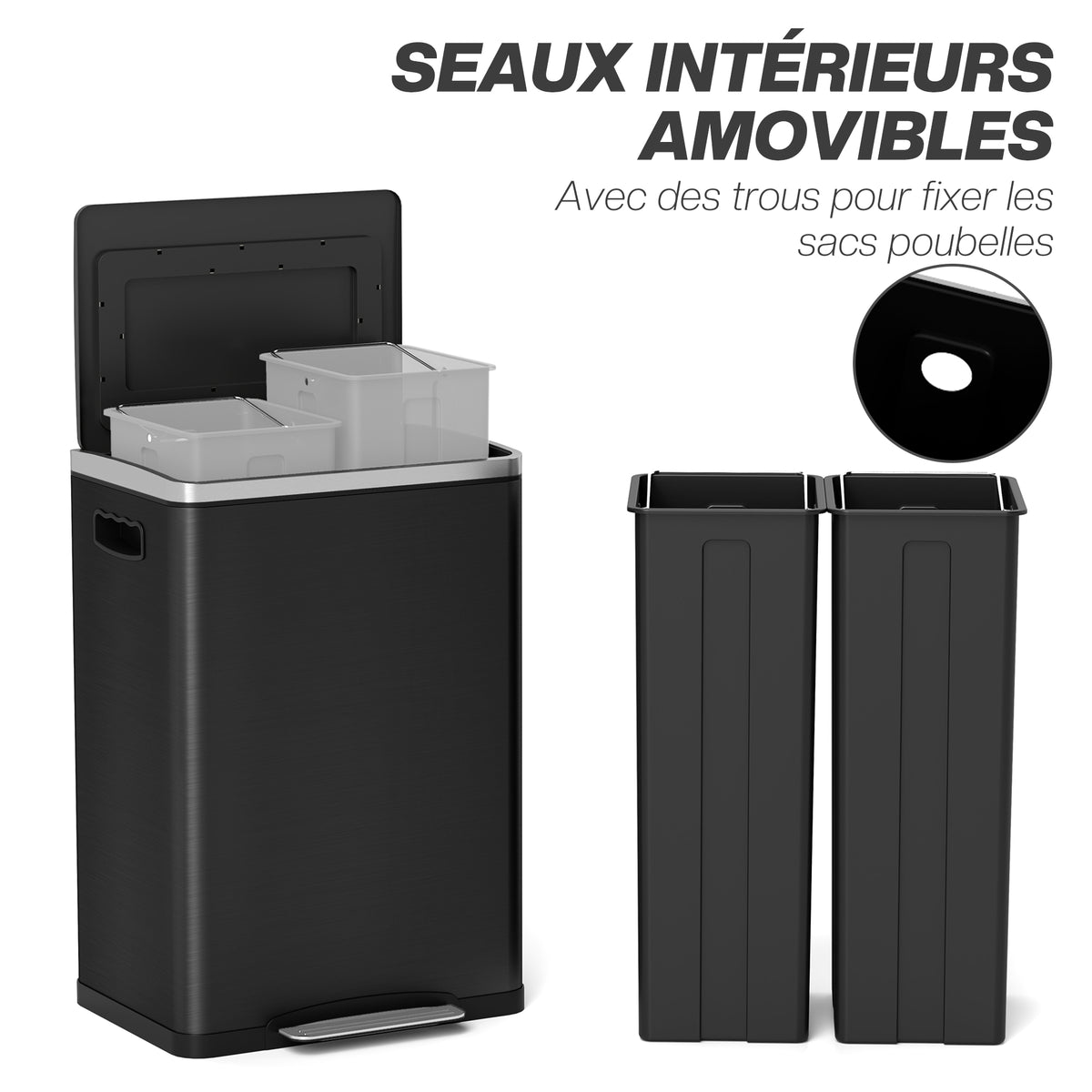 Poubelle de cuisine 2 compartiments de 2 x 20L, poubelle avec pédale, couvercle à fermeture douce 40 x 34,8 x 59 cm noir Aosom