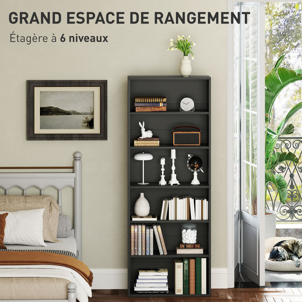 Bibliothèque étagère de rangement 6 niveaux avec étagères réglables pour salon, chambre, bureau, 60x24x158,5cm, noir