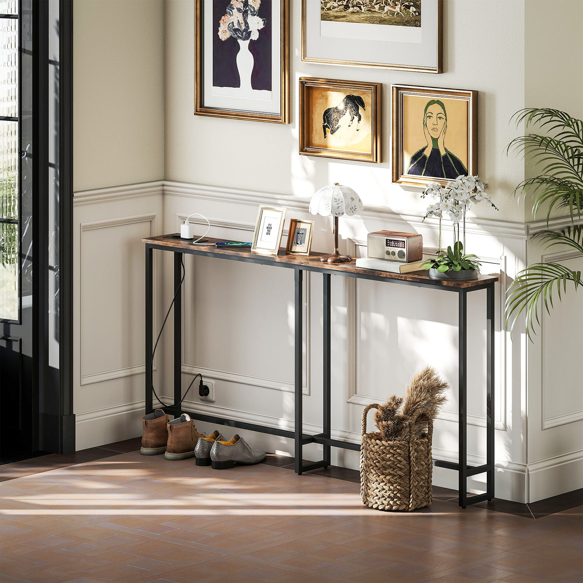Table console étroite style industriel avec prises de courant et USB, pour salon entrée couloir, 160x20x80cm, marron