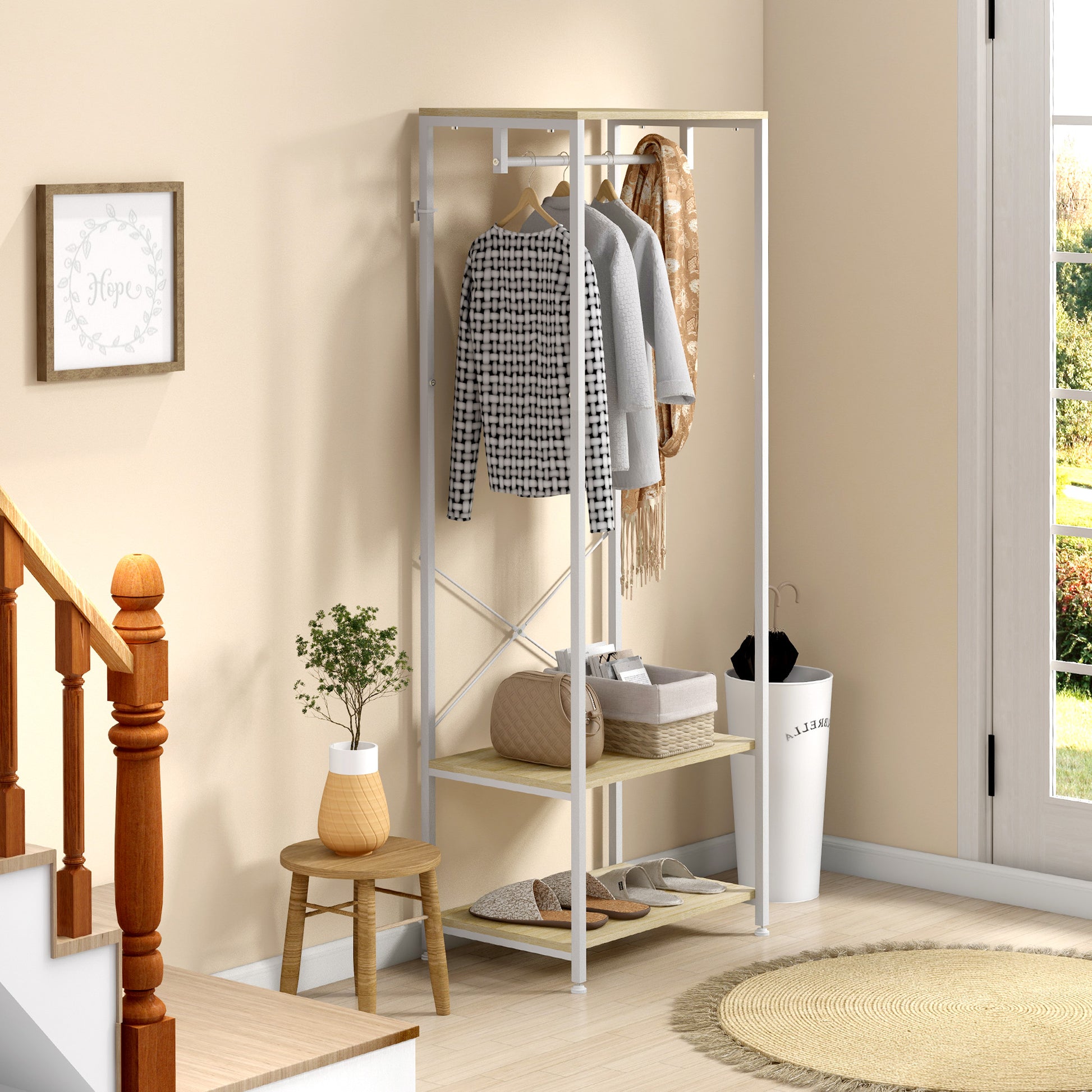 Porte-Manteaux avec tringle et 2 étagère à chaussures 60L x 40l x 167,5H cm Aspect bois Clair métal Blanc