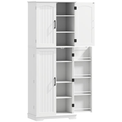 Buffet haut cuisine, armoire de cuisine, 4 portes, 10 niches, 8 porte-épices et étagères réglables, 60x35x162cm, blanc