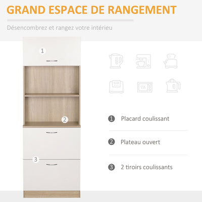 Buffet de cuisine armoire de cuisine multi-rangements 2 tiroirs 1 placard + grand plateau 60 x 38 x 168 cm MDF blanc