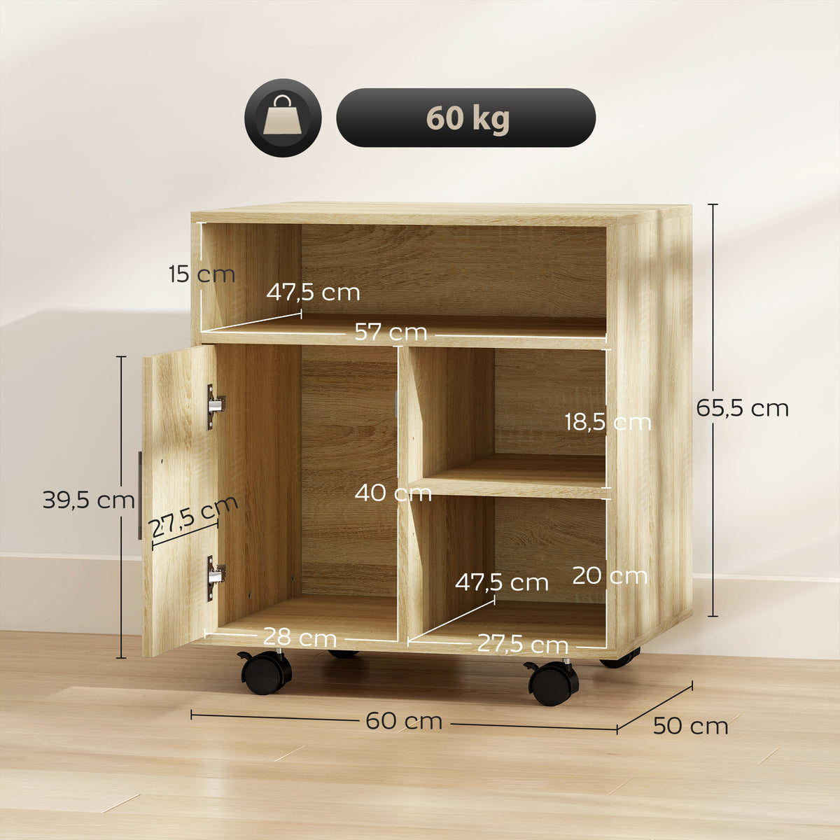 Support d'imprimante organiseur bureau caisson placard porte 3 niches + grand plateau panneaux particules bois naturel