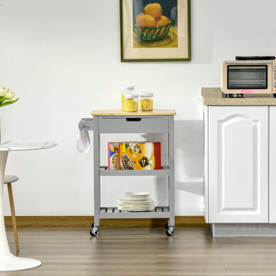 Desserte de service chariot de cuisine à roulettes avec plan de travail en bois hévéa - 2 étagères, 1 tiroir et