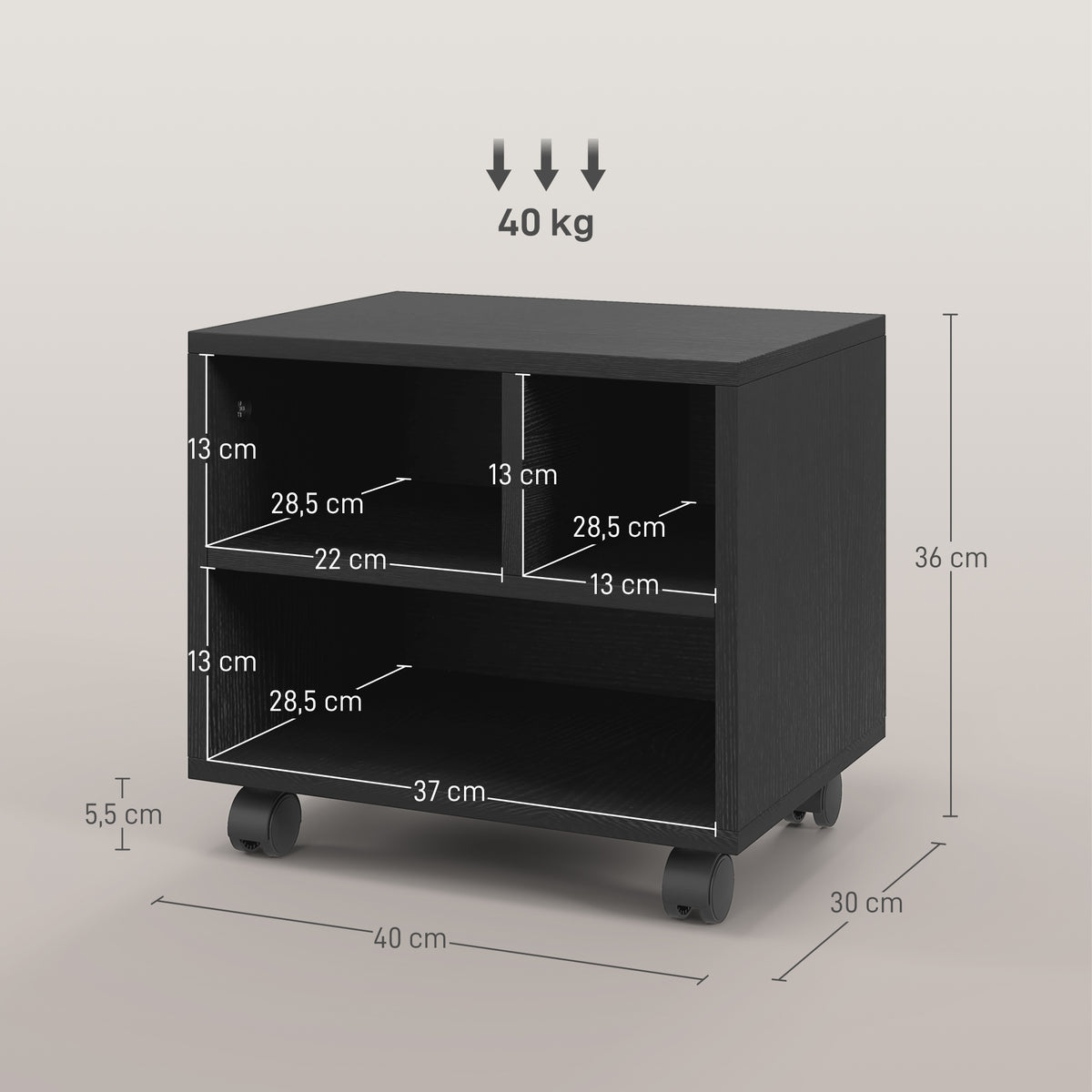 Support d'imprimante meuble de rangement bureau caisson 3 compartiments ouverts 40 x 30 x 36 cm noir