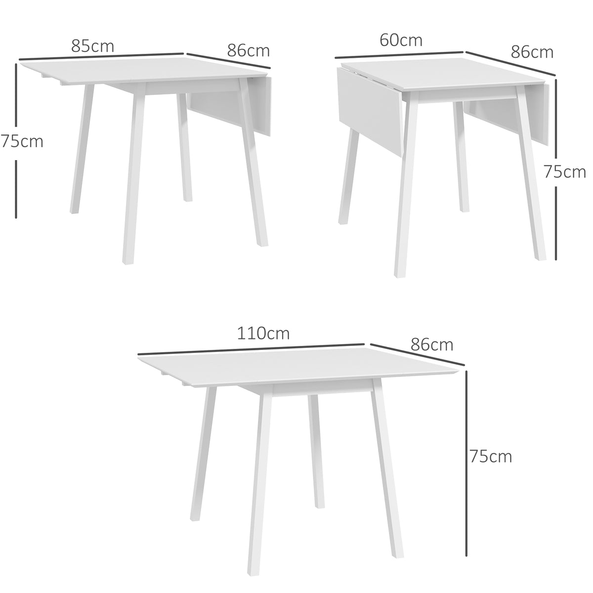 Table de cuisine pliable table à manger pliante avec plateau rabattable en bois pour 2 à 4 personnes blanc
