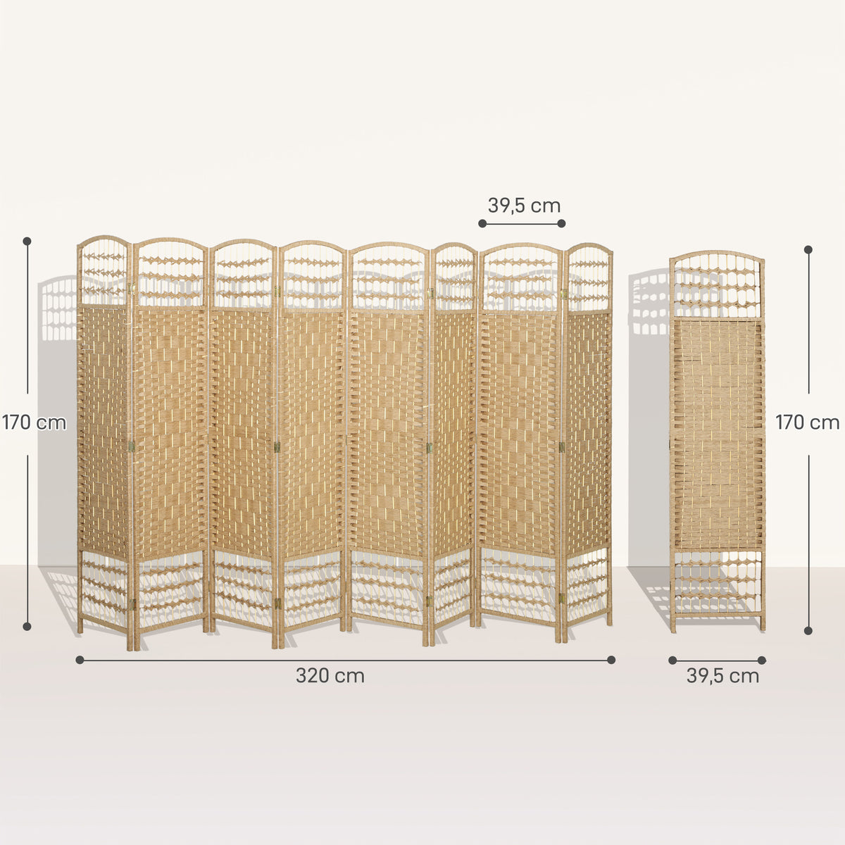 Paravent intérieur en bois séparateur de pièce cloison pliable 8 panneaux 320 x 170 cm bois naturel
