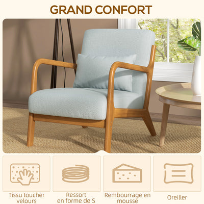 Fauteuil de salon avec cadre en bois massif fauteuil lounge - assise profonde - accoudoirs - lin synthétique gris clair