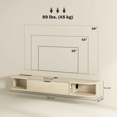 Meuble TV suspendu, meuble télé pour téléviseur jusqu'à 50 pouces, tiroir rabattable 2 étagères 120x24x16cm bois naturel